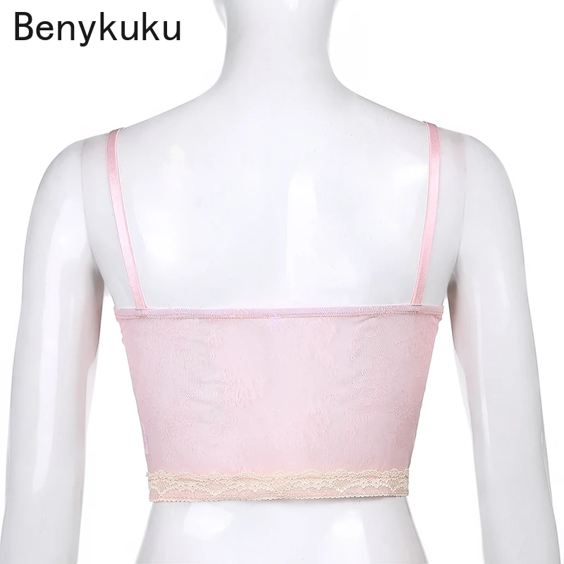 

Pink Sweety Cute Crop Tops Fashion Women Lace Trim Y2K Aesthetic Bow Kawaii Clothes See Through Sleeveless V Neck Sexy Cami Top