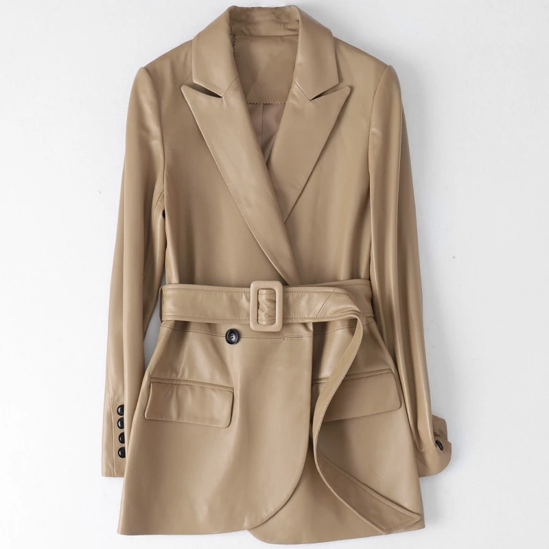 

2020 Модная весенняя куртка Nwe из натуральной кожи кожаное пальто из натуральной овчины средней длины для женщин Модный тонкий меховой ремень