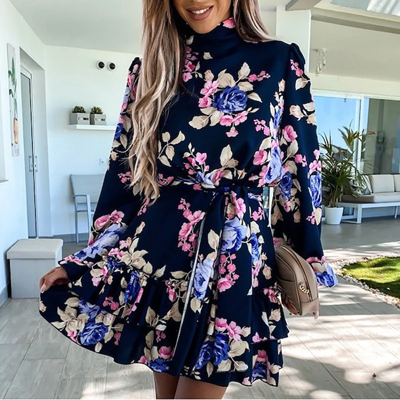 

Fashion Spring Floral Print Office Mini Dress Elegant O Neck Lace-Up Women Party Dress Casual Long Sleeve Ruffle A-Line Dresses