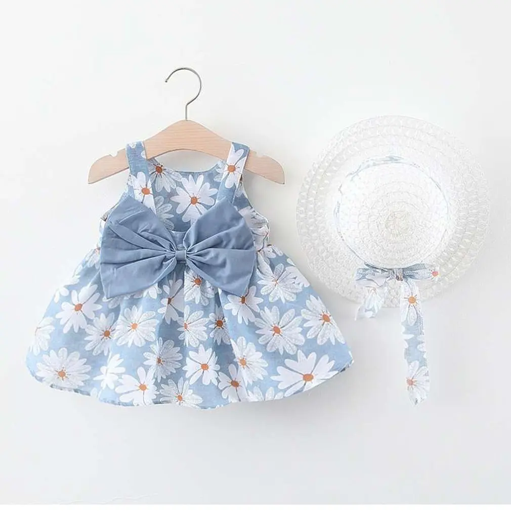 

2pcs Baby Girls Breathable Cotton Summer Casual Clothing Set Sleeveless Floral Dress+Hat Set for Children Baby Girl,6Month-3Year