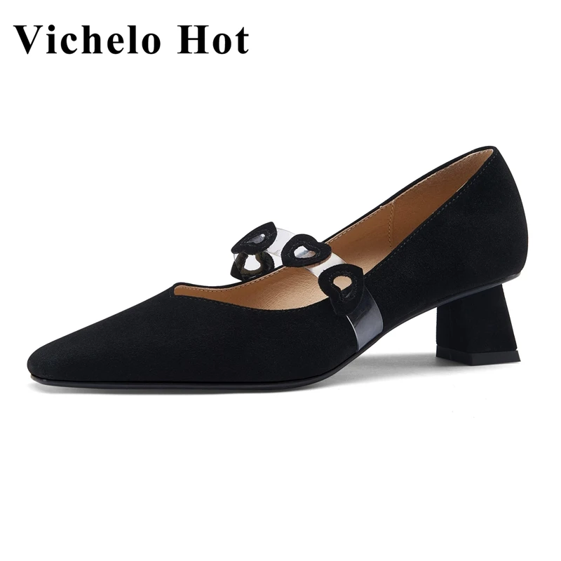 

Vichelo Hot genuine leather shallow square toe med heels love patterns dance party wedding beauty lady slip on women pumps L72