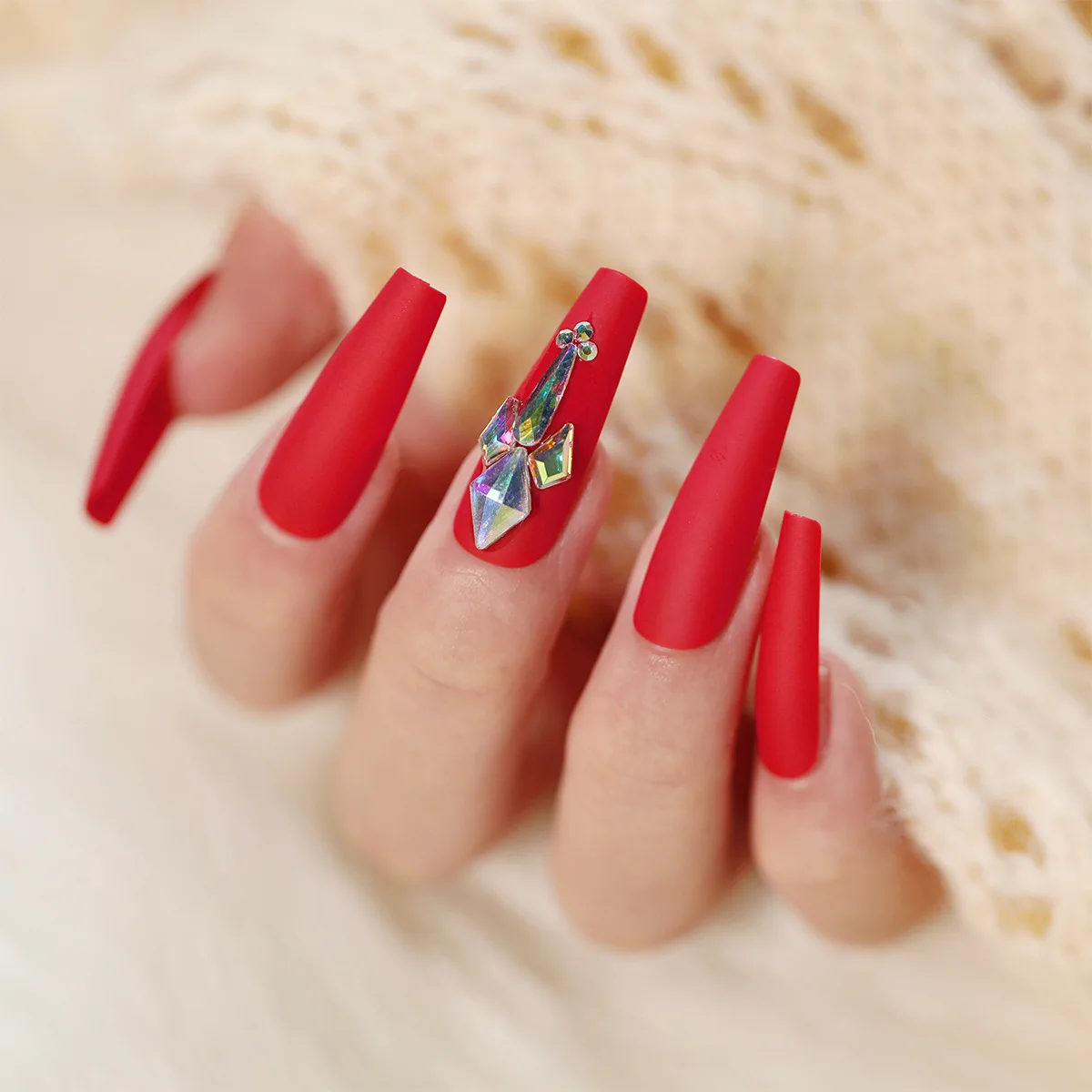 

24pcs Red Nail Patch Glue Type Removable Solid Color Long Paragraph Fashion Manicure Save Time False Nail Patch TO