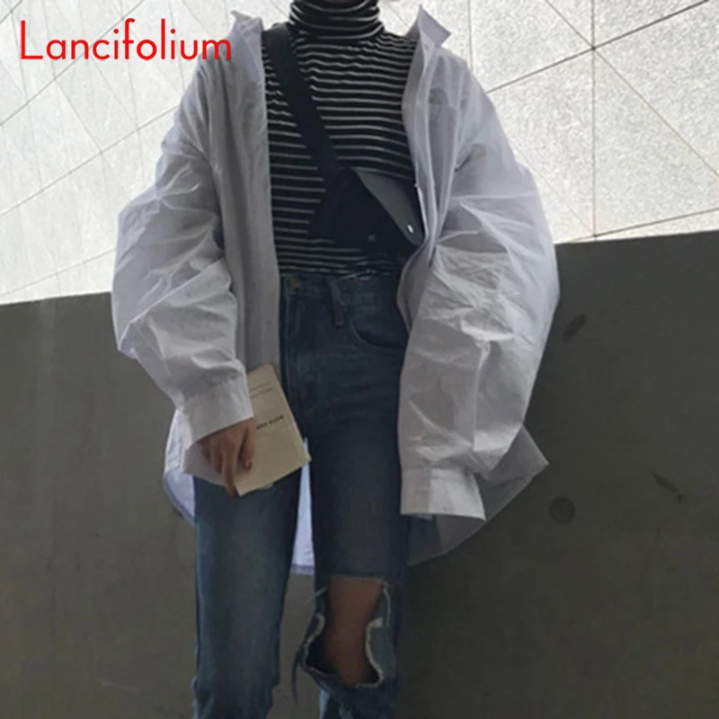 Женская блузка с длинным рукавом-фонариком белая рубашка в стиле бойфренда