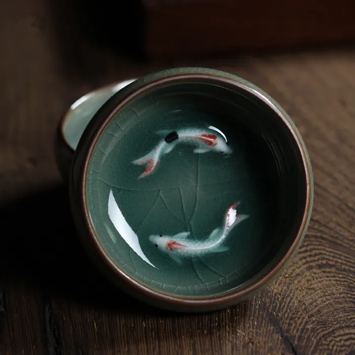 Китайская фарфоровая чаша Longquan Celadon с блюдцем чайная золотой рыбой 60 мл чашка