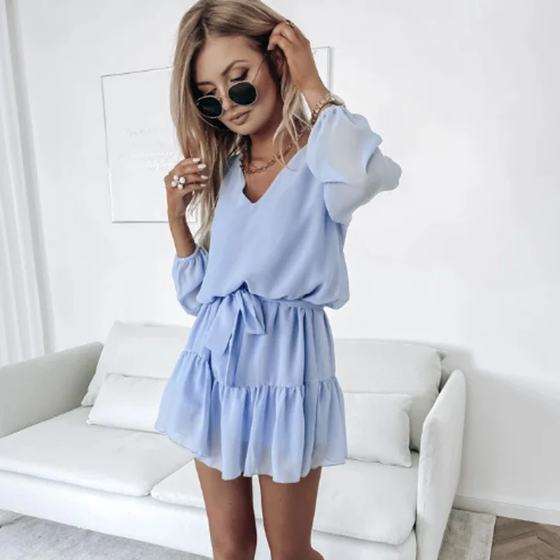 

Women Boho Ruffles Mini Dress Solid Color Lantern Sleeve V-neck Holiday Party Dress Autumn Spring Fashion Elegant Femal Robe