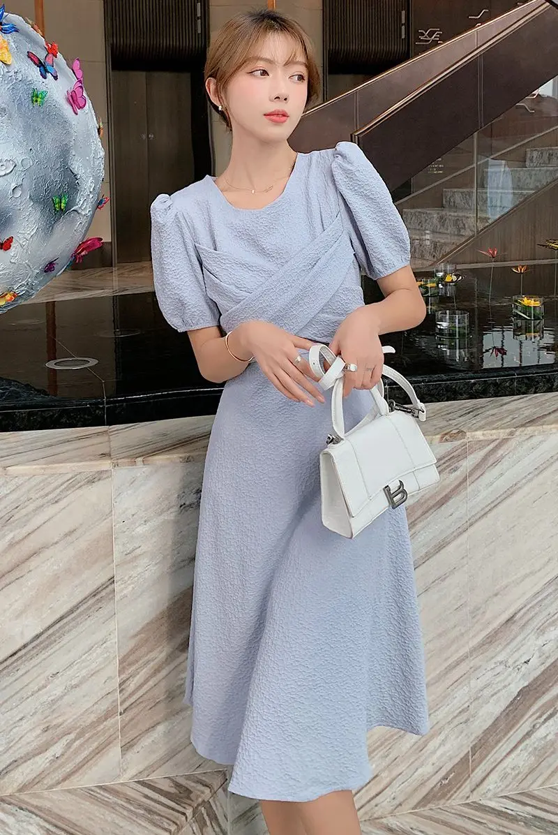 

COIGARSAM Women dress Summer Puff Sleeve Hollow Out O-Neck Dresses White Pale Blue 3057