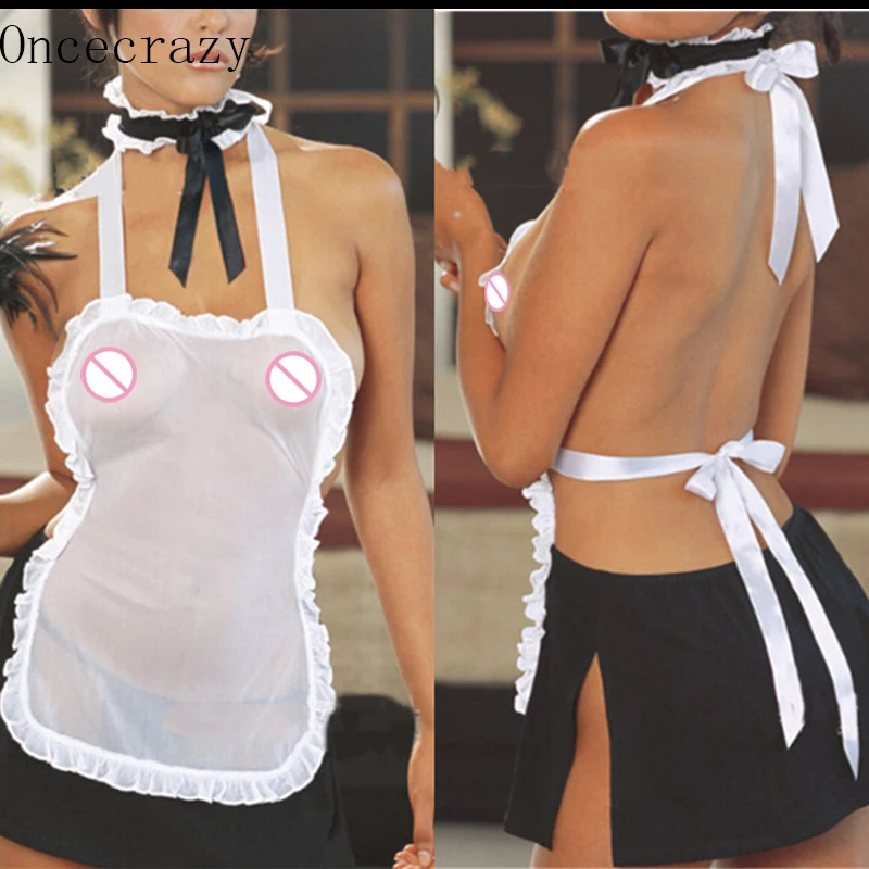

Sexy lingerie Role Playing maid sexy uniform Women Erotic Lingerie Transparent Hang Collar Babydolls Cosplay Maid Dress