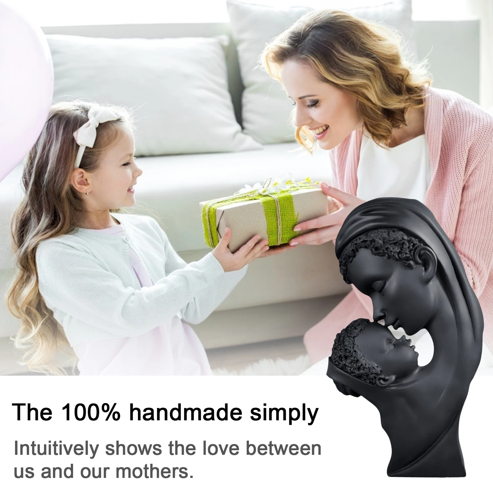 

Mother and Child Statue in Black Hand-Painted Figurine Resin Art Ornaments Express Love to Mothers for Mothers Day