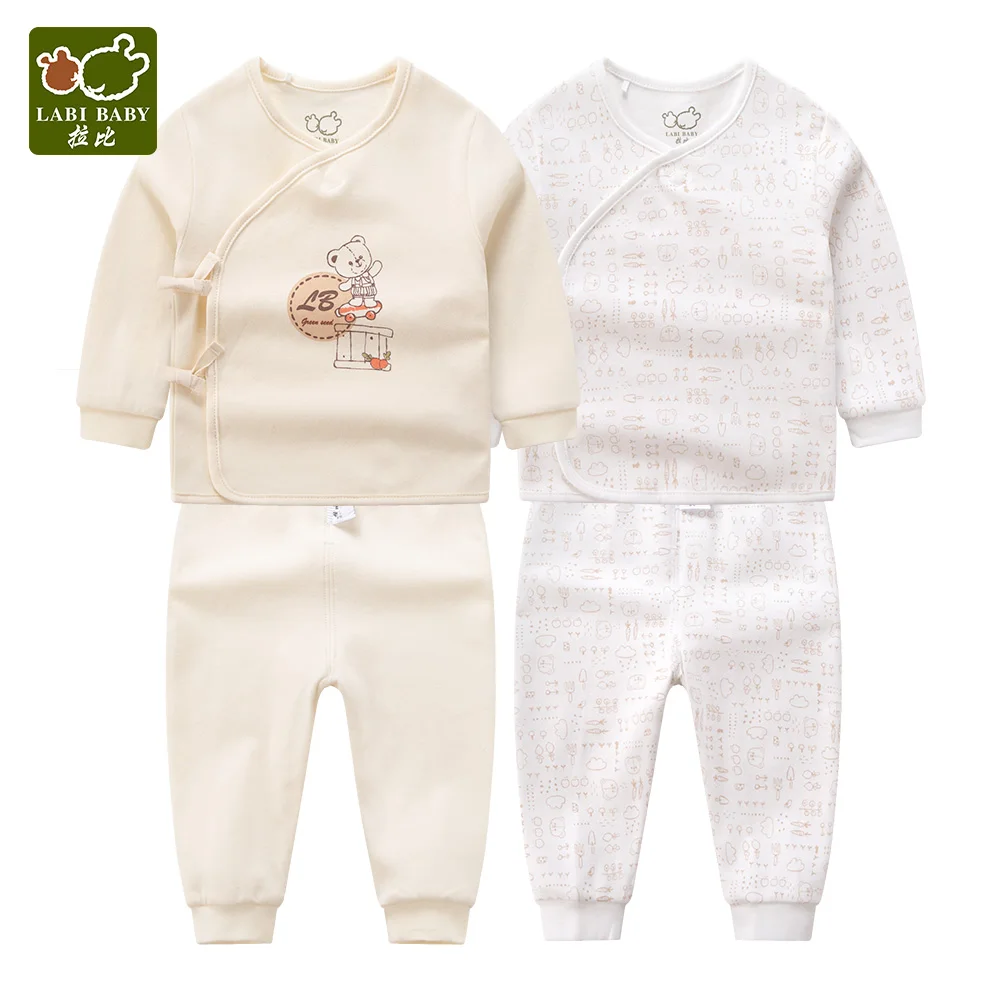 2 Set Newborn Baby Kids Sleepwear Pajamas Unisex Sleep Apricot Cartoon Bear Soft Cotton Long Sleeve Top Pants