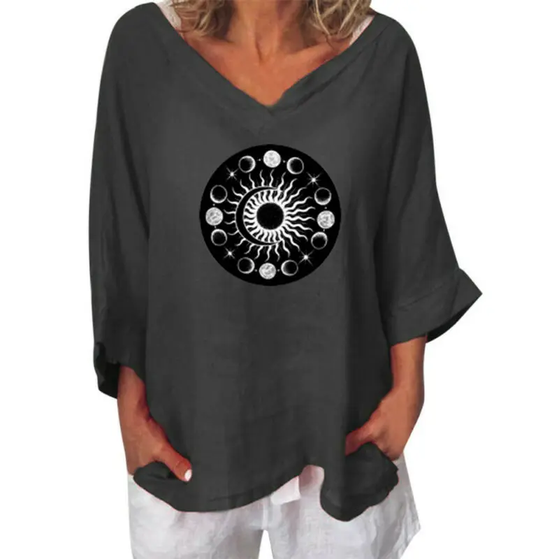 

Womens Ladies Fashion 3/4 Sleeve Printed V Neck T-Shirt Casual Loose Tunic Tops