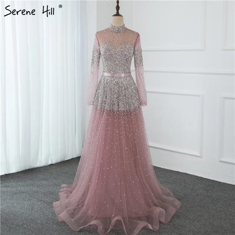 Новейший дизайн розовые вечерние платья с высоким воротником 2021 длинными