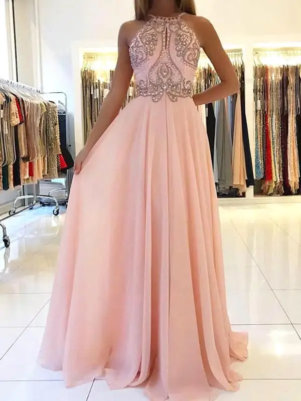 

New Sexy Pink Beaded Evening Dresses Long 2019 Backless Chiffon Women Girls Formal Dresses Evening Party Prom Gowns
