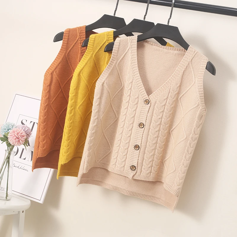 

V-neck Knitted Sweater Vest Women Sleeveless Plus Size Solid Simple All Match Waistcoats Autumn Trendy Korean Fashion Clothing