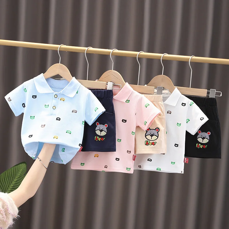 

New Summer Baby Clothes Suit Cartoon Graffiti Short Sleeve Polo Shirt Jacket Shorts 2PCS Toddler Casual Clothing Kids Tracksuits