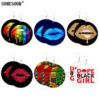 somesoor mixed 6 package wholesale sexy melting lips wooden round both sides printing african drop earrings for women gifts