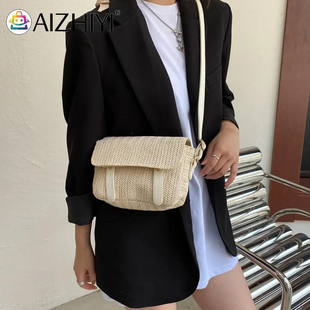 

Women Summer PU Woven Messenger Bag Retro Beach Vacation Patchwork Flap Purse Straw Woven Beach Rattan Messenger Handbag