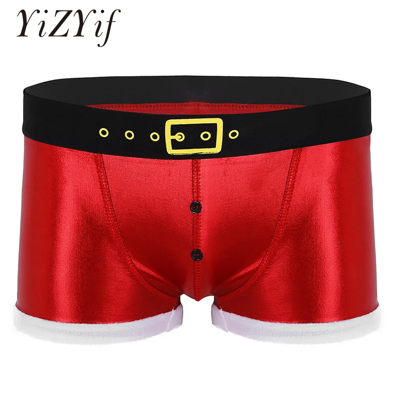 

Christmas Shorts Men Faux Leather Printed Belt Pattern Holiday Santa Claus Costume Boxer Shorts Christmas Sexy Cosplay Nightwear