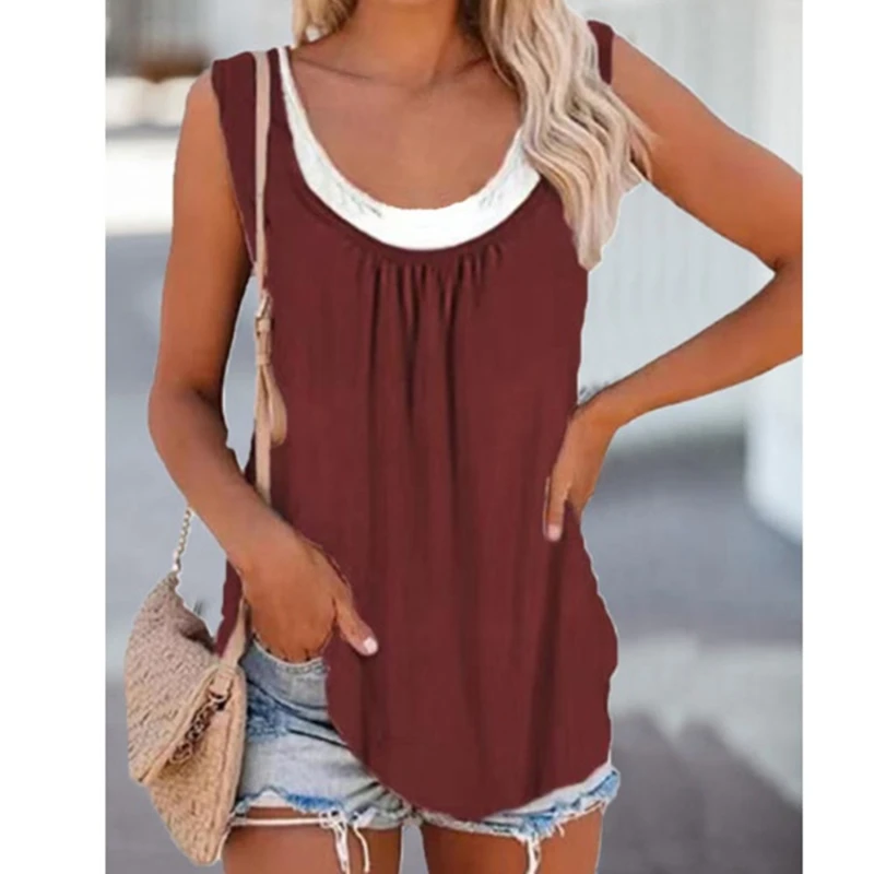

Summer Women's T Shirt Casual Elegant Tank Tops Women Sleeveless O-Neck T-shirts Fake 2-piece Loose Round Neck T-shirt