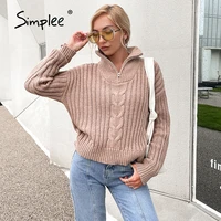 simplee causal turtleneck long sleeve women knitted sweater solid office zipper design pullover autumn high street female jumper