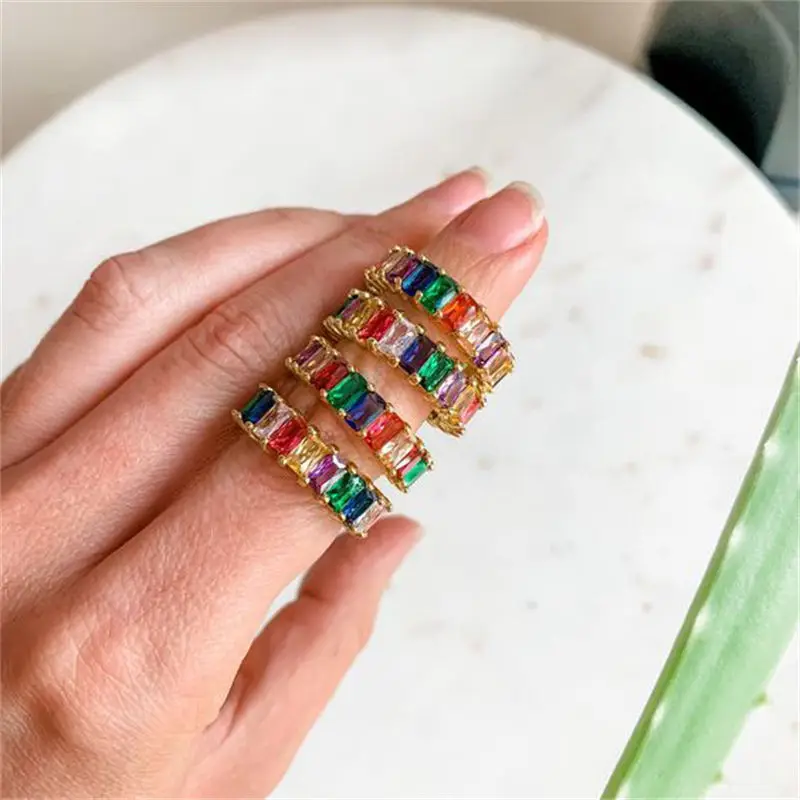 

ZA Fashion Rainbow Zircon Rings For Women Girl Boho CZ Coloful Crystal Finger Charm Ring Western Style Young Design Jewelry New