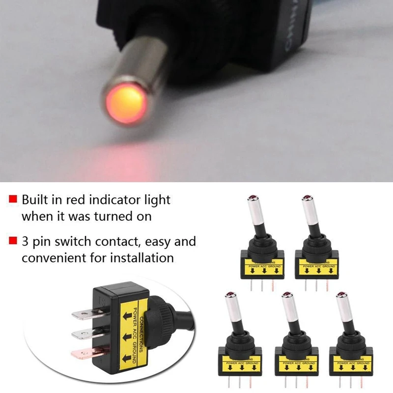

M C 5Pcs 12V 20A LED Light Car RV Yacht Modification Switch Toggle Switch With Light For Car Auto Boat