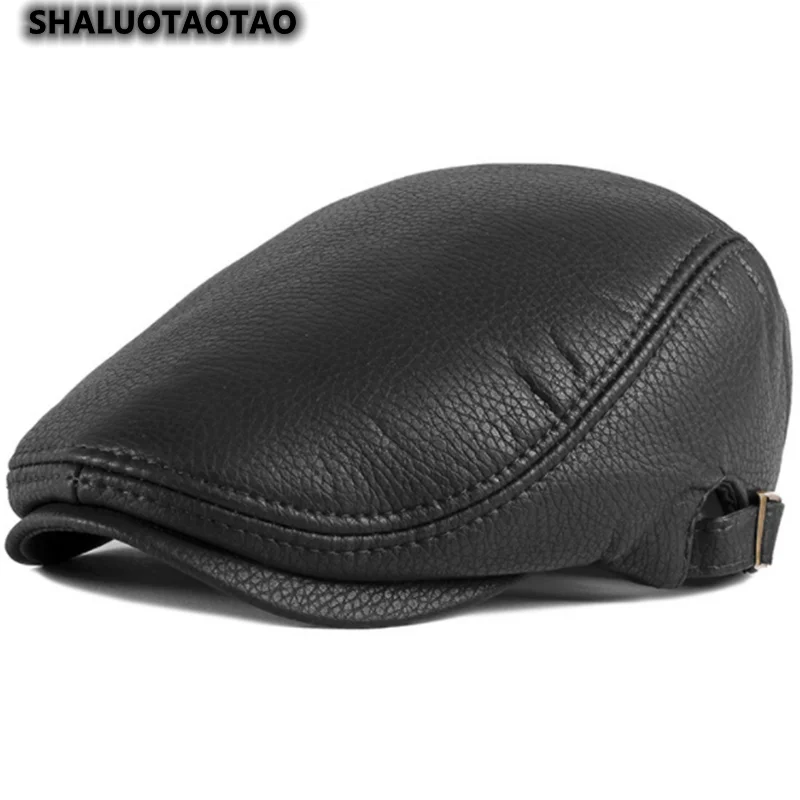 

Men's Autumn Winter New Middle-Aged High Quality Leather Pu Berets Retro Keep Warm Adjustable Size Peaked Cap шапка мужская