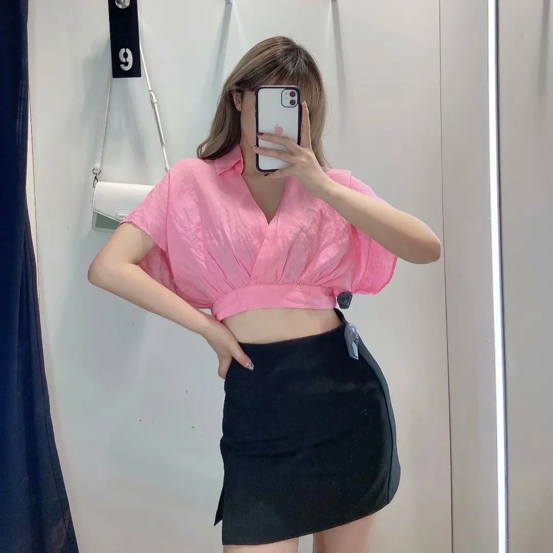 

2021 New V-neck closed waist linen short shirt Women's T-shirt