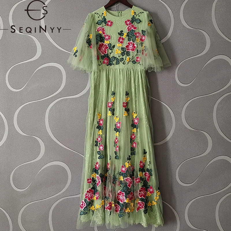 

SEQINYY Green Midi Dress Summer Spring New Fashion Design Women Runway Embroidery Flowers High Quality Mesh Elegant Lace