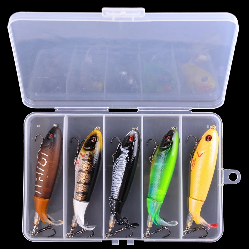 

5PCS Whopper Plopper 100mm Floating Popper Fishing Lure Set Artificial Hard Bait Lures Soft Rotating Tail Fishing Tackle Box