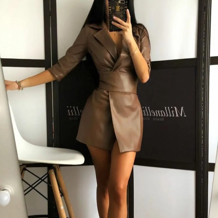 2021 fall Winter New European and American Solid Color PU Leather Suit Collar Long Sleeve Women's Dress Leather Jacket with Belt enlarge