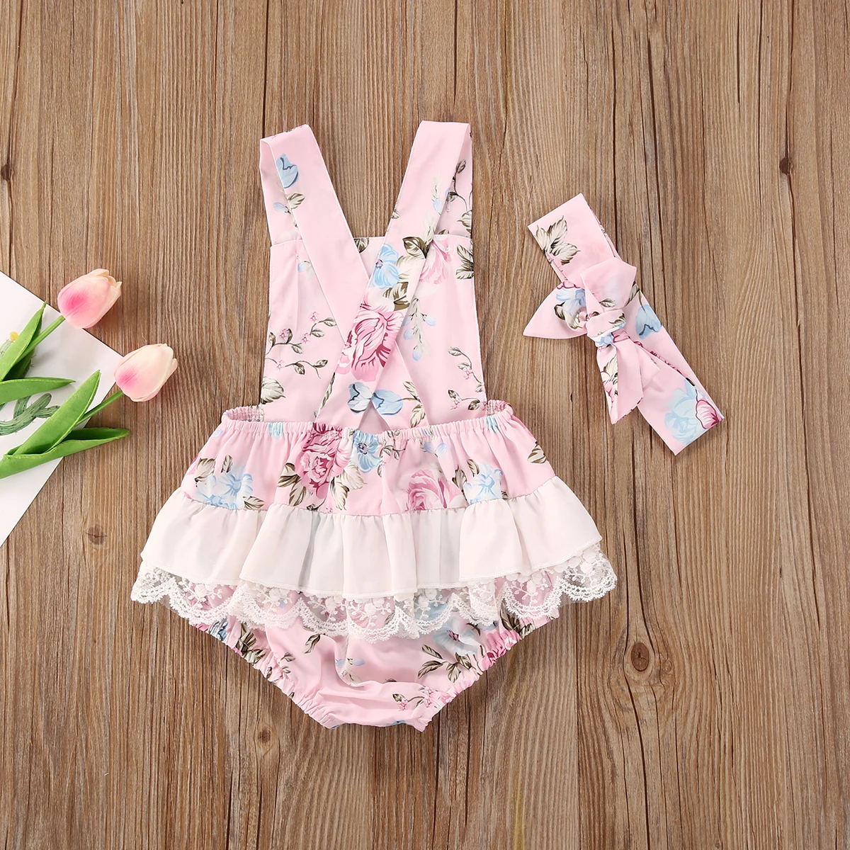 

Newborn Infant Baby Girls 0-24M Jumpsuits Headband 2pcs Flowers Print Lace Sleeveless Pink Bodysuits