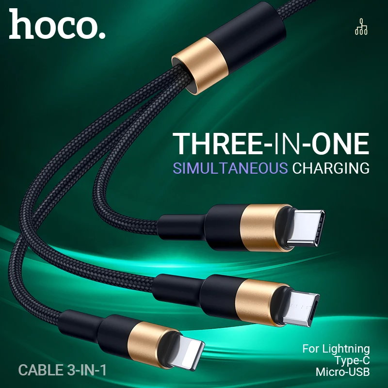 hoco 3 в 1 USB кабель для iPhone 3в1 Micro Type C провод зарядник Samsung зарядное устройство шнур