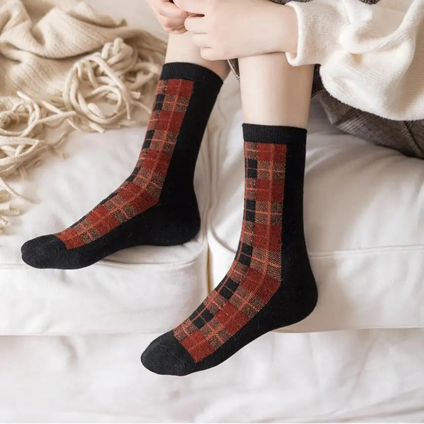 Women Solid Plaid Cotton Socks Girls Black Base Checks Ankle Socks Mustard Plaid Socks Black White Plaid Socks 6 pairs/lot