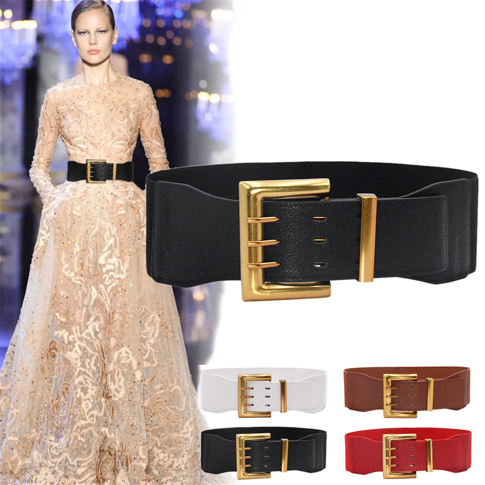 

Women Fashion Wild Wide Waistband Elastic Stretch Dress Waist Belt Buckle Band Fashion Design Daily Casual Solid Color Belt 2021