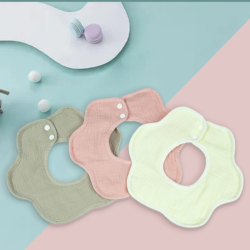 

360 Degree Rotation Burp Cloth Solid Color Baby Flower Shape Feeding Bib Pure Cotton Saliva Towel Breathable Apron for Newborn G
