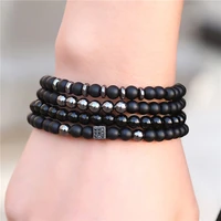 4pcsset 6mm stone beaded bracelet sets men black matte hematite stone bead cz charm bracelet sets jewelry gift pulsera hombre