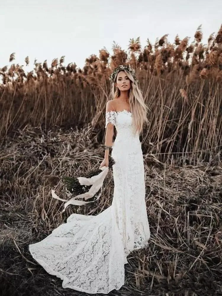 Elegant Boho Wedding Dresses 2019 Off The Shoulder Short Sleeves Mermaid Country Bridal Beach Gowns Sweep Train | Свадьбы и