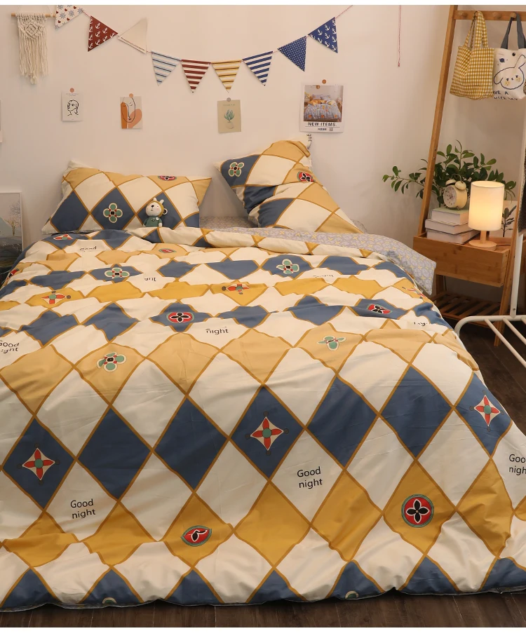 

North Style Simple Retro Plaid Bed Single Double Pure Cotton All Cotton Set 1.8 M 1.5M Four-Piece Set