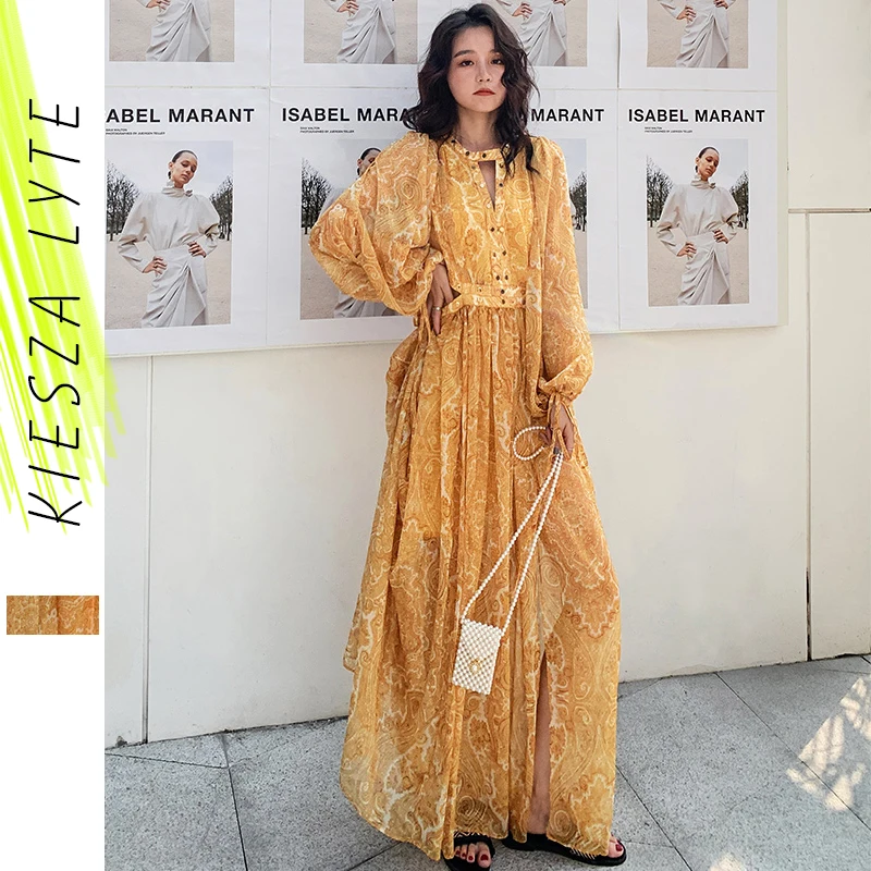 Женское длинное праздничное платье Бохо с цветочным принтом ажурные желтые