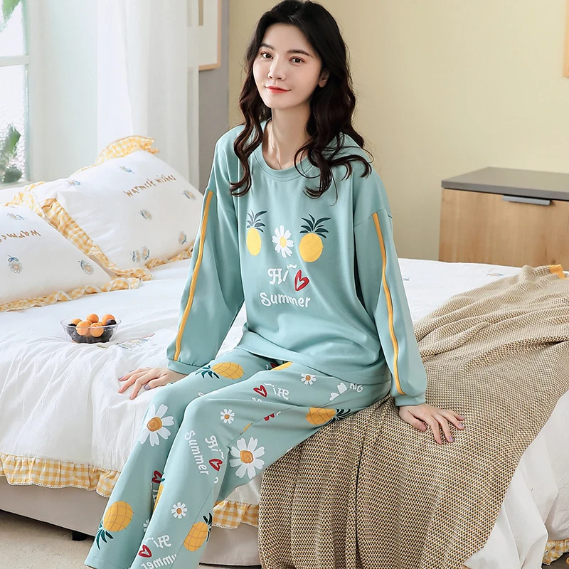 

Long Sleeve Long Pants Sleepwear Plaid Printing Cartoon Printing Crew Neck Casual Style Pj Set Sleepwear Pajamas Set Woman