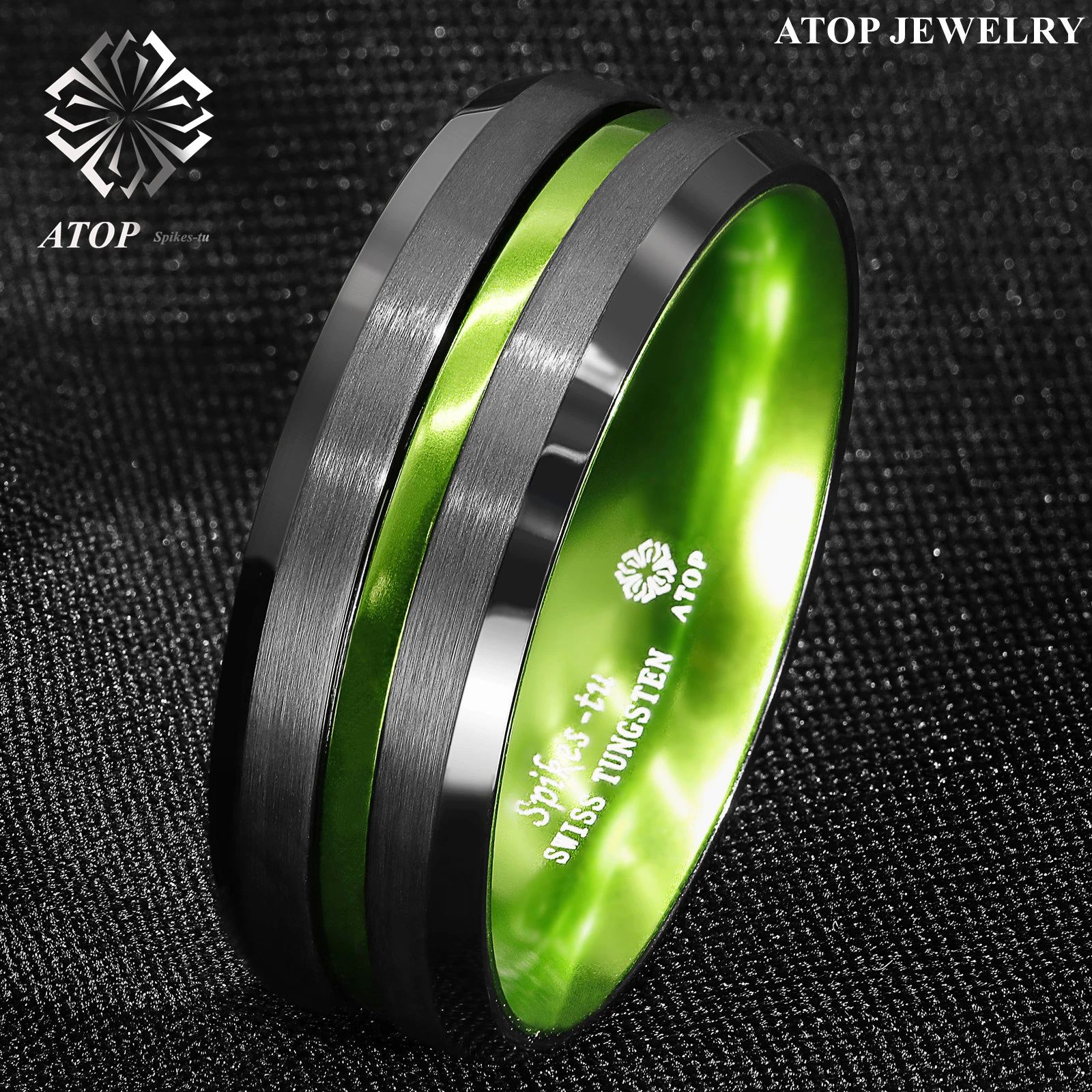

8/6mm Black Tungsten Carbide Green Line Wedding Band Ring ATOP Men's Jewelry