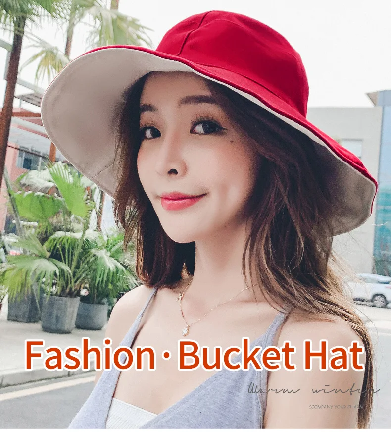 Wide Brim Cotton Bucket Hat Reversible for Women Summer Hiking Anti-sunburn White Fisherman Caps Ladies Fashion Pink Bucket Hat