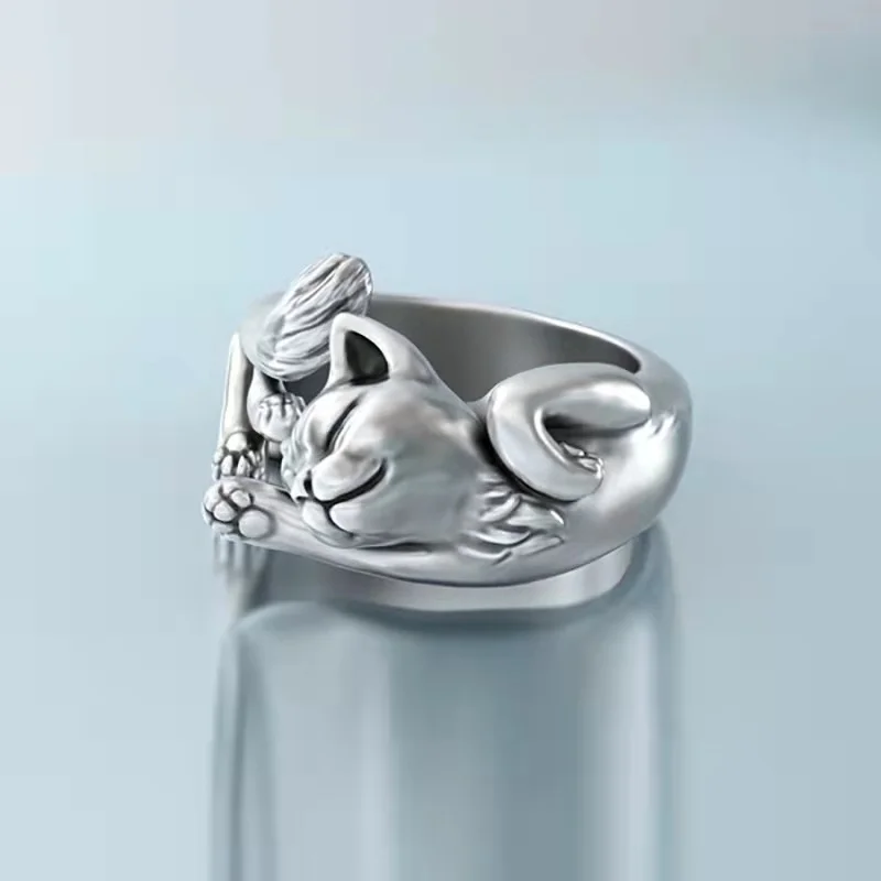 

New Personality Stainless Steel Cat Open Ring European and American Simplicity Retro Live Mouth Cat Totem Ring for Women