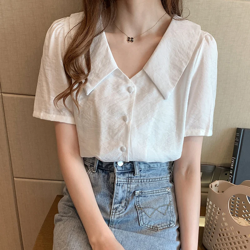 

2021 Summer New Korean Style Versatile Design Non-mainstream Short-Sleeved Shirt Women's V-neck Doll Collar Top Shirt Summer