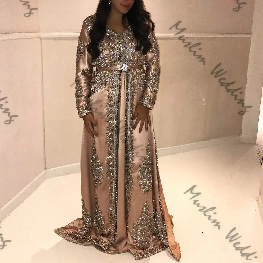 

Glitter Rose Gold Kaftan Morrocan Evening Dresses Elegant Long Sleeve Crystal Prom Dress 2020 Plus Size A Line Special Occasion