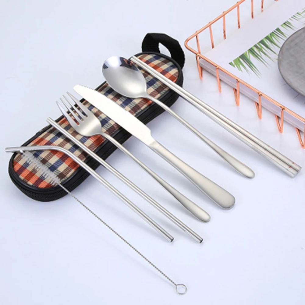 Набор дорожной посуды 8 в 1 из нержавеющей стали соломенная ложка вилка палочки