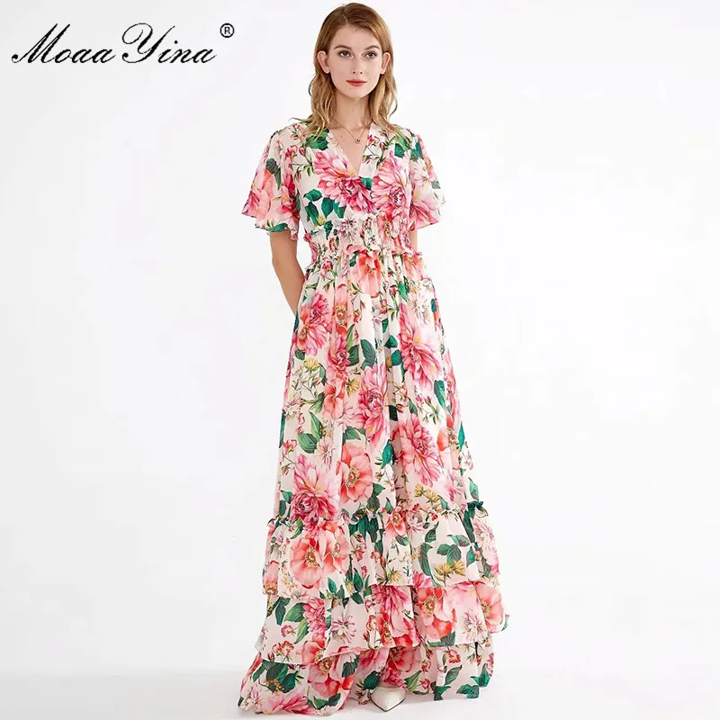 

MoaaYina Spring Summer Women Dress V-neck Flare Sleeve Floral-Print Elasticated waist Cascading Ruffle Vacation Maxi Dresses