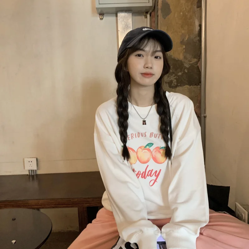 

5455 Peach in the world-multicolor peach print slim loose Sweatshirts