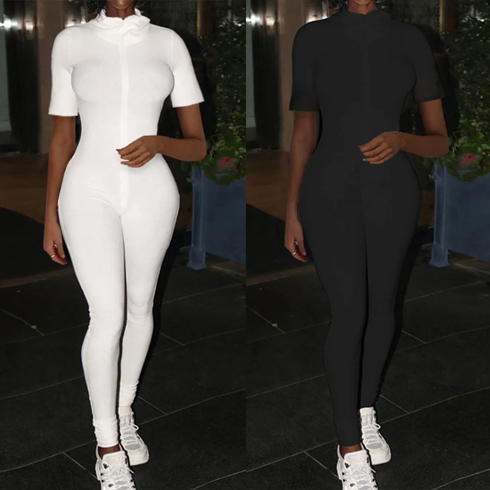 

Женский слитный Облегающий комбинезон, однотонный белый комбинезон на молнии с коротким рукавом и круглым вырезом, лето 2021