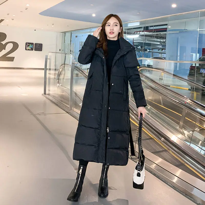 

Luck A Women's Coats Vintage Winter Slim Long Type Over the Knee Coat Anti-Season Thick Parkas Belt Cotton-Padded Jacket Outwear